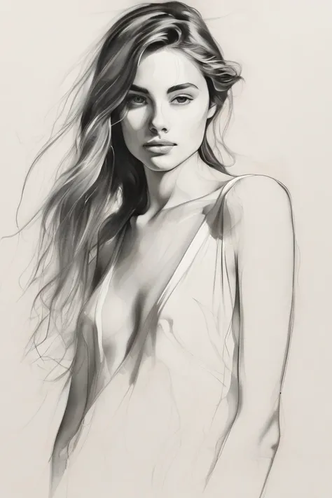 A minimalistic sketch of a young 20 year old woman, medium full body shot, standing up, shy pose, nude, looking at viewer, highlights her beauty with soft, graceful contours, The style is simplistic and artistic, abstract yet rich in detail, akin to tradit...