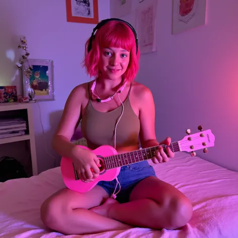 ((highest quality)), ((masterpiece)), (in detail) photo, an 18-year-old girl with short pink hair and nose piercings sits on the bed,  short denim shorts , strap top ,  headphones hanging around her neck ,  playing pink ukulele , mischievous expression on ...