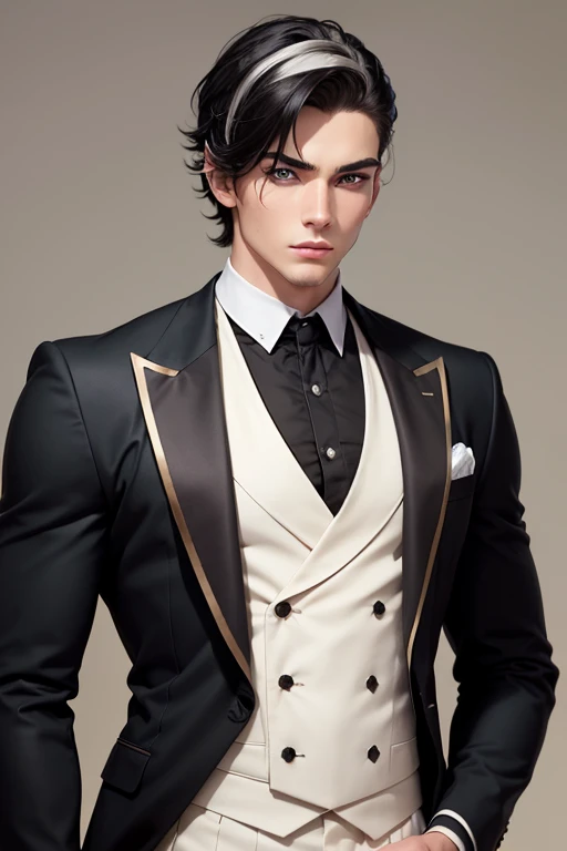  Create an image of a young man, black hair with big white highlights in a social cut, tailoring costume , Tall and strong,  blue eyes and fair skin .