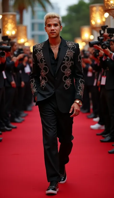 Portrait of an Indonesian man with short hair, blond hair, thin body, wearing a black bling bling jeweled suit, black shirt, gold watch, black baggy pants, sneakers, he is seen posing walking casually on a red carpet, he came to an event on the side there ...