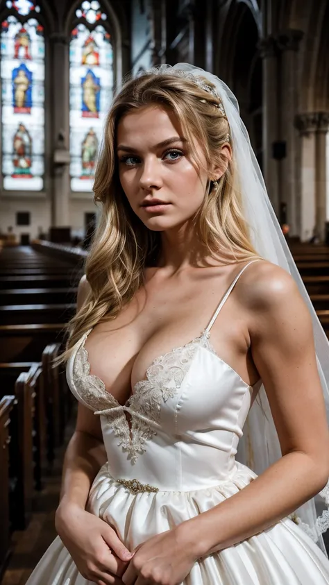 Portrait of a angry 18yo blonde Russian women in a wedding dress. Cleavage. Church background. 8k. Photo realistic.  Rule of thirds