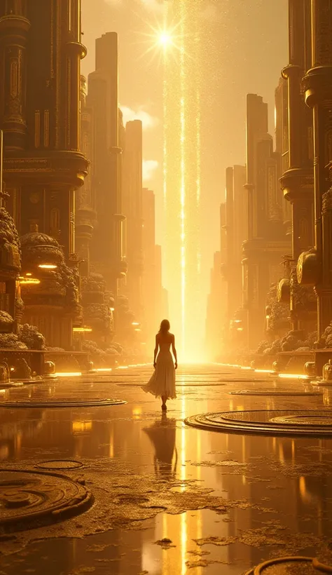 Futuristic and glorious cities ,  made of gold and crystal ,  with divine lights illuminating every detail