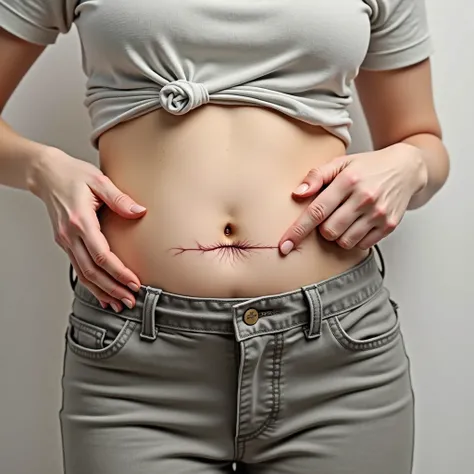 
a close-up of a womans belly close to the navel with her pointing with her hand to a horizontal scar caused by a siroma, digital illustration, dont show gore art