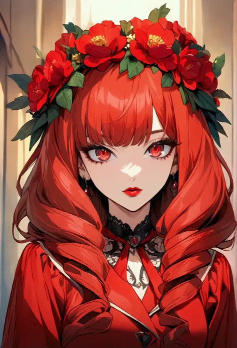 (masterpiece),(best quality:1.0), (ultra highres:1.0), detailed illustration, 8k, anime, 1girl, beautiful anime girl, wearing a red dress, flower crown, pretty face, detailed face, beautiful eyes, detailed eyes, dark red eyes, bright red lips, red lipstick...