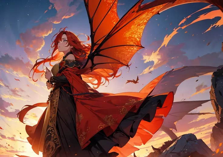 Hair Color: Burn
prompt: A beautiful girl with fiery red hair, gazing upward as a majestic dragon flies overhead. Her face, inspired by the uploaded image, is viewed from a slightly side-turned angle. Her flowing gown sparkles with dragon patterns, blendin...