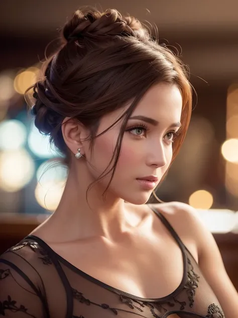 a beautiful woman with an updo hairstyle,sitting at a bar in a nightclub,cinematic lighting,sharp focus,highly detailed,8k,masterpiece,photorealistic,complex,(best quality,4k,8k,highres,masterpiece:1.2),ultra-detailed,(realistic,photorealistic,photo-realis...