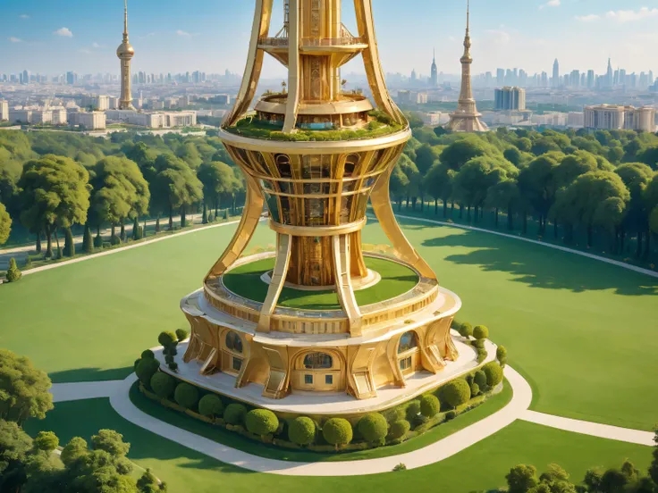 masterpiece, ultra-detail, golden TV tower, stands on a green clean lawn in the center of the frame, blue sky in the background, a luxurious golden palace on the side, no unnecessary details