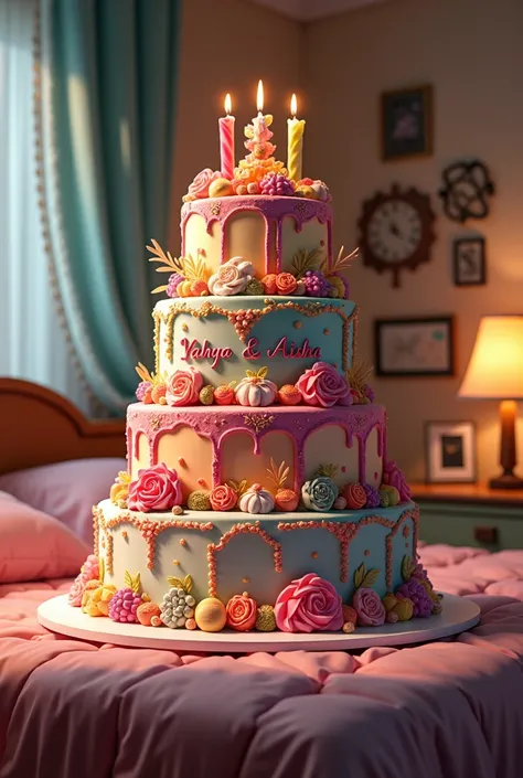 A colorful, big and real cake in a bedroom with clearly written: Yahya Aisha  