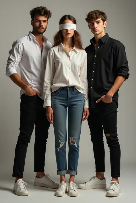 A beautiful young girl wearing a blindfold and on her right is a young man wearing a white shirt, jeans and white shoes. On her left is a young man wearing a black shirt, black pants and white shoes 