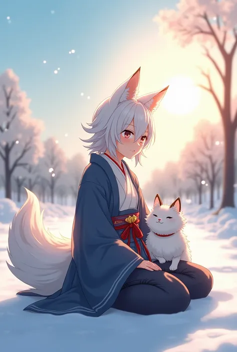 high quality, 8K Ultra HD, anime character sitting on the ground with a cat on his lap, snowy background with beautiful sunshine, pixiv, furry art, white - haired fox, white fox anime, kimono, fox nobushi, kitsune, kitsune nine - tailed fox, from arknights...