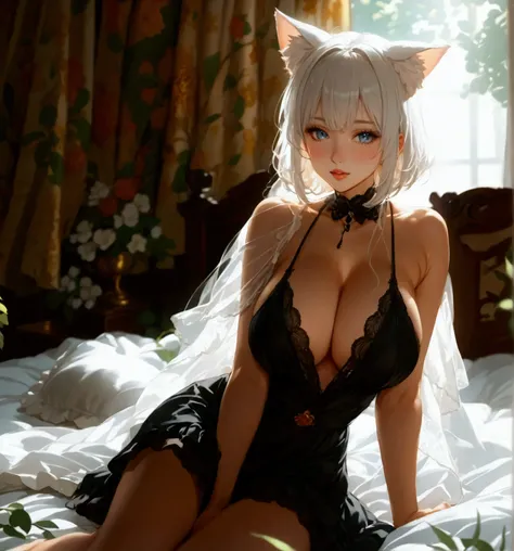 an anime girl with long hair sitting on a bed, cat ears, frontal view of the girl, a beautiful dressed cute anime wife, an alluring anime girl, a white-haired deity, exquisite details, white short bob cut, lolita black dress, anime 4k, ((large breasts:1.2)...