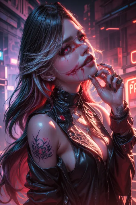 Highly detailed, realistic, cinematic. A sultry female vampire with flowing red-pink hair and glowing red eyes, adorned with intricate tattoos across her neck, shoulders, and arms. She exudes an alluring, dangerous aura, wearing a black leather top and a s...