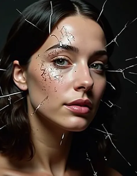  Create a video with a broken glass effect and lots of cracks .  The main subject should be covered with detailed and visible glass fragments , irregularly dispersed .  The cracks should be very visible ,  connecting in irregular shapes and with fine edges...