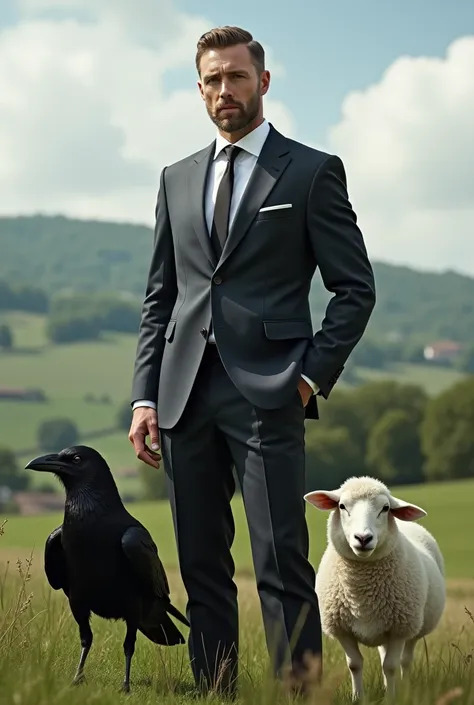 A modern shepherd dressed as an executive without a beard and a crow and a sheep 