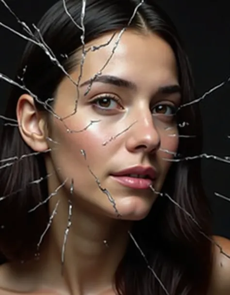  Create a video with a broken glass effect and lots of cracks .  The main subject should be covered with detailed and visible glass fragments , irregularly dispersed .  The cracks should be very visible ,  connecting in irregular shapes and with fine edges...