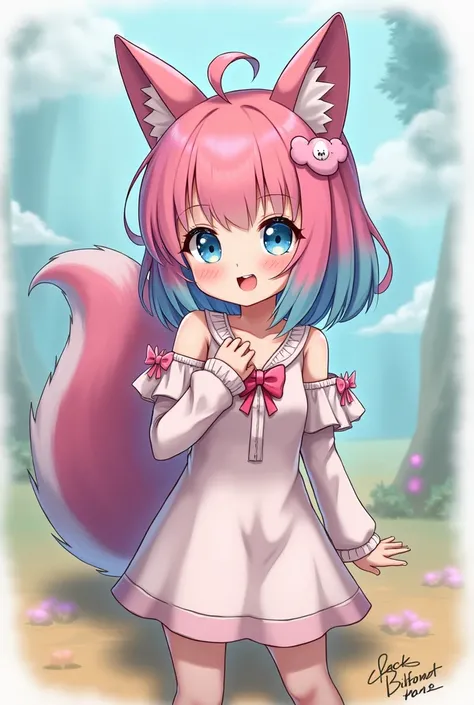 Pink and blue haired anime girl with blue eyes and squirrel tail and Breasts, Fang, Squirrel Ears, Light Blush, 