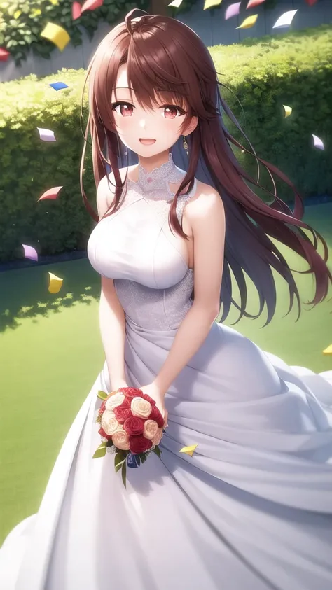 masterpiece, best quality, girl, solo, looking at viewer, yuuta_kadowaki, large breasts, wedding Dress, standing, garden, confetti, holding bouquet, smile, open mouth,