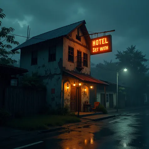 Thailand, a small hotel on the street on a night of heavy rain. The old building is dilapidated, with dim orange signs hanging above the door. The atmosphere is lonely and scary.