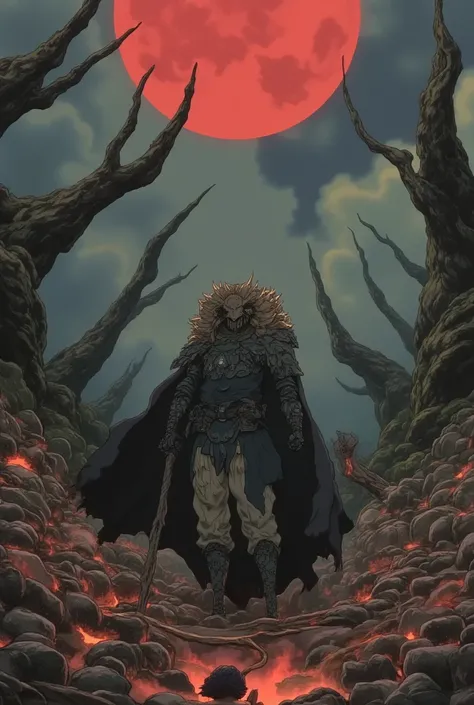 An anime-style illustration inspired by the dark and intense world of Berserk. The scene centers on a lone warrior, heavily inspired by Guts, standing amidst the aftermath of a brutal battle. He wields a massive, blood-stained greatsword, its jagged edge r...