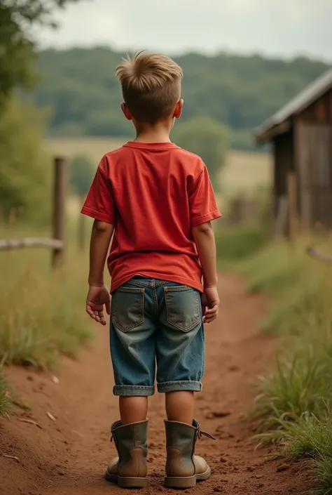 A  boy with his back. wearing a red t-shirt, short jeans, And boots .  He spent the day helping his father on his farm.
