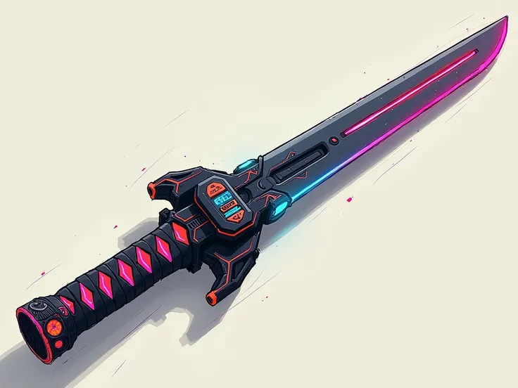 colorful sketch drawing, simple sketch, simple lines, Dark-colored futuristic cyber katana