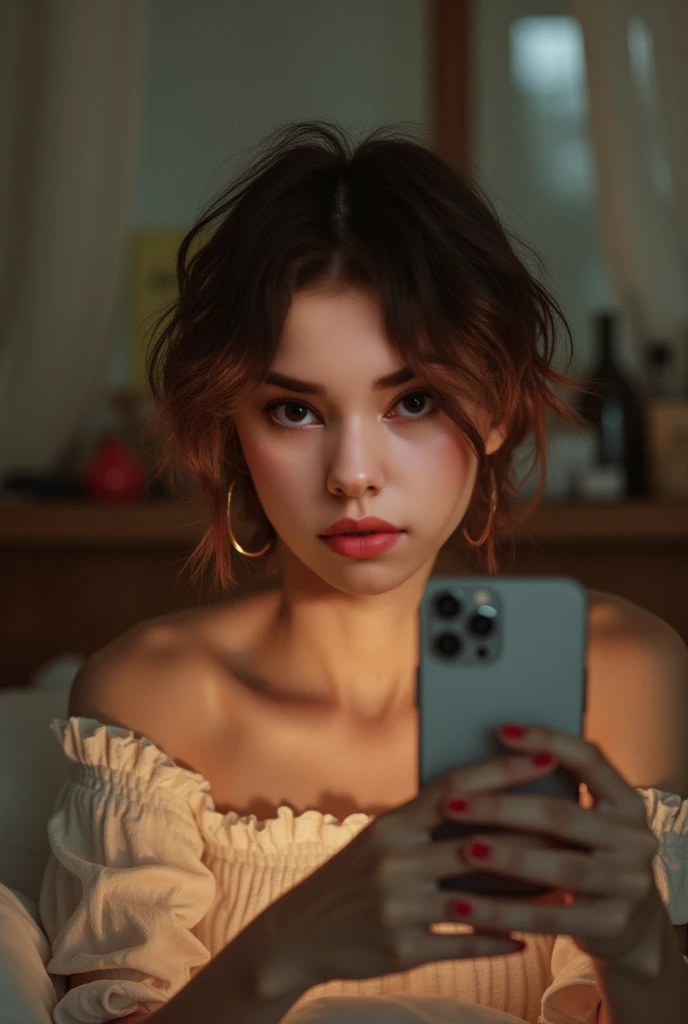 Nude selfie of a girl with brown short hair in her room. Cellphone in hand.