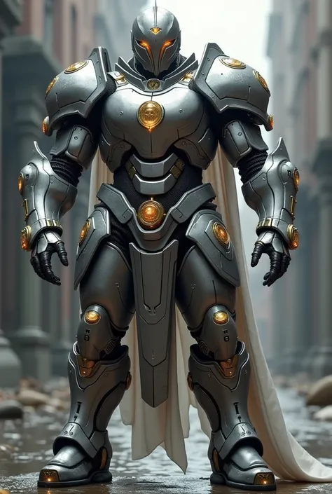 A muscular cyber knight in a metallic vein   , gold metal inserts on armor High definition,  In detail,  masterpiece fails, standing full length 