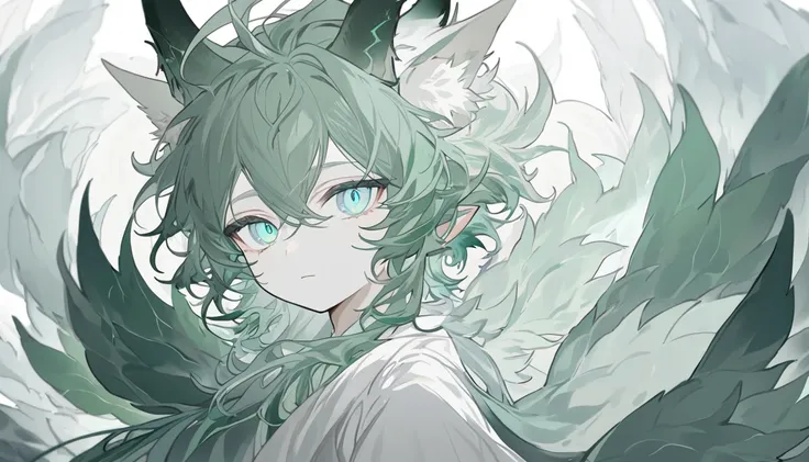  a half-human dragon boy his small wings are dark green and slightly white ,  a delicate mane around the neck of the white boy .  His ears are two forms of fox ears and you have four horns with white details his eyes are gray with a slight light blue color...