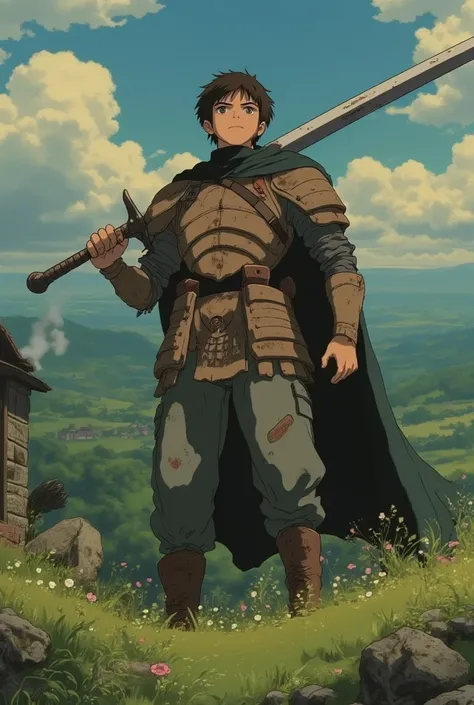 An anime-style illustration inspired by the style of the provided images and the aesthetic of Berserk. The scene features a lone warrior standing with a massive, iconic greatsword resting on his shoulder. The character is clad in worn, practical armor with...