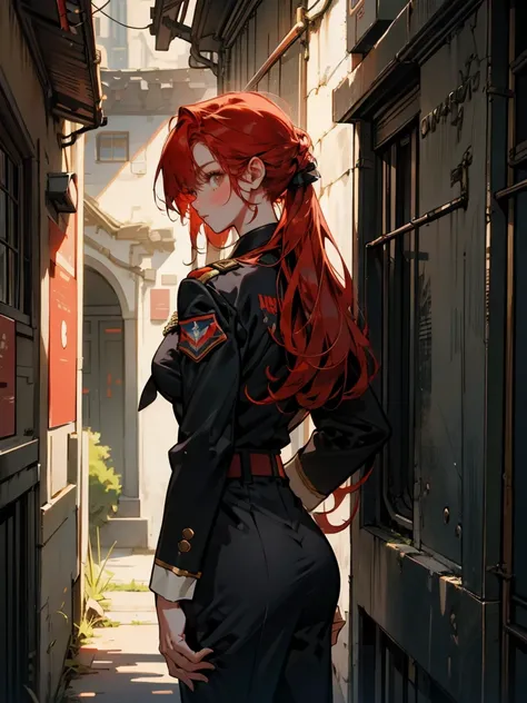 vintage, soldier man, military, girl in black formal suit and tie, girl with red hair, dark night alleyway, mysterious