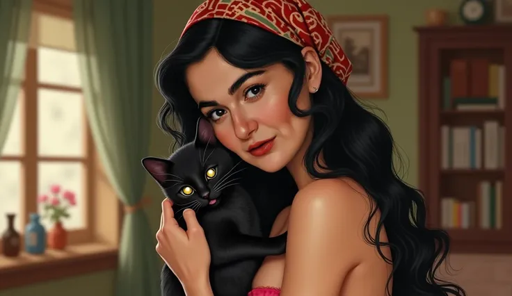 create a pin up image of a woman with long, straight black hair wearing a scarf, holding a black kitten, in her home, doing household chores