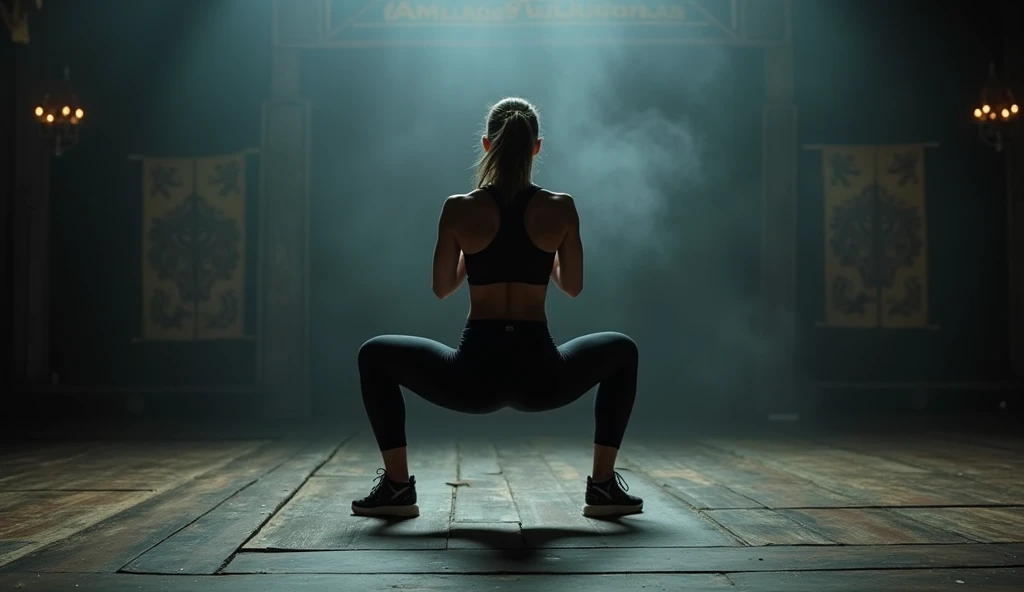 A dark and ominous Mortal Kombat arena serves as the backdrop for a twisted and intense workout session. 
A woman is in a deep squat, turned to the right, legs wide apart. 
The air is heavy with tension.