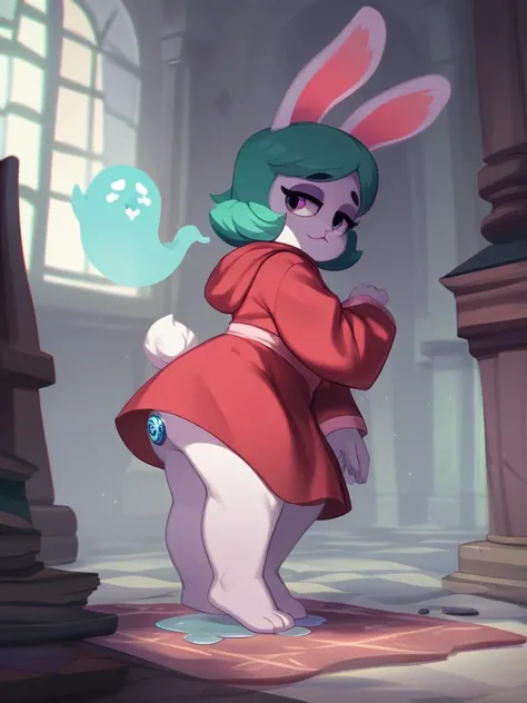 side view , female Rabbit , (in the Haunted House) , about to pee , A small puddle at feet , (ghosts) , tail plug
, Mature , (Euphoria) , coquettish , Fatal woman , (bold action) , Insane , fabulous , sensational , Feminine , cute face , looking away