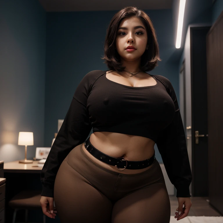 90s dark vintage Mexican film style, A cute nerdy petite short chubby skinny super fat hips emo latina teen girl, short beautiful volumetric emo style hair, beautiful detailed brown eyes, cutely detailed lips, extremely cute detailed eyes and face, slightl...