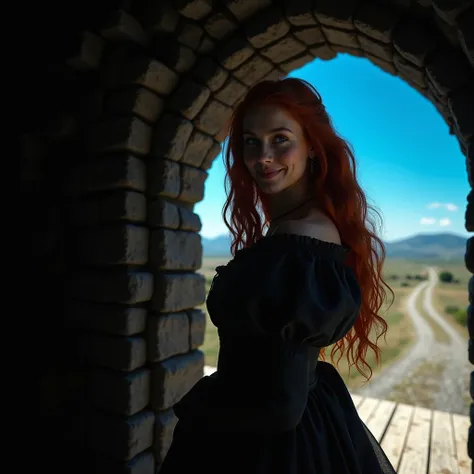 ((highest quality)), ((masterpiece)), (in detail) Dark fantasy, a beautiful young woman with long red hair stands in the doorway (accent on her face, a woman smiles warmly,a long historical dress), dark room in a stone medieval tower (wooden floor, door to...