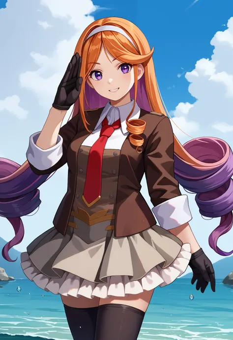  score_9,  score_8_up,  score_7_up,  source_Anime, Alone,  1 girl in uniform, kcuuguure , smile, looking at you,  standing, water遊び, salute,  long hair, Multicolored Hair,  orange hair, Purple Hair,  asymmetrical side lock, Drill Hair,  white hair band,  p...