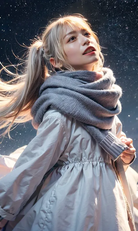 (   When she casts a spell, a legendary ice pigeon appears in the sky around her、 Magic Rim、staring at something、Diamond dust flutters、クリーム色のhair、  Heavy snowfall area    、  Snow is falling  、   blue eyes、   blue eyes、white winter clothes   、  watching the...