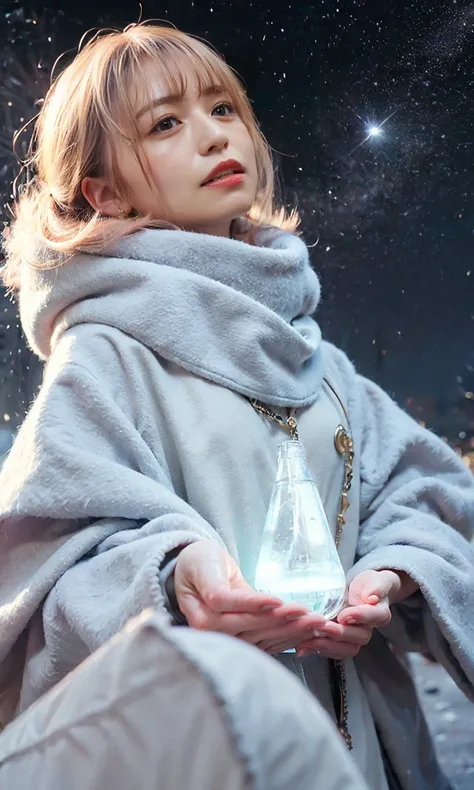 (   When she casts a spell, a legendary ice pigeon appears in the sky around her、 Magic Rim、staring at something、Diamond dust flutters、クリーム色のhair、  Heavy snowfall area    、  Snow is falling  、   blue eyes、   blue eyes、white winter clothes   、  watching the...