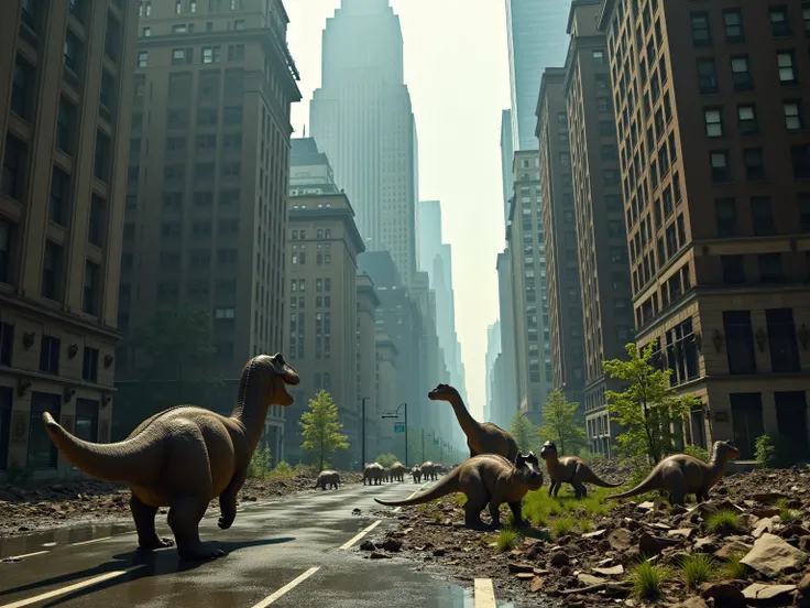 A completely realistic photo of Many different Dinosaurs roaming throughout a decaying, ruined Manhattan because they have returned and taken over. Its a masterpiece, cinematic photo of a future Manhattan showing devasted skyscrapers and destruction with v...