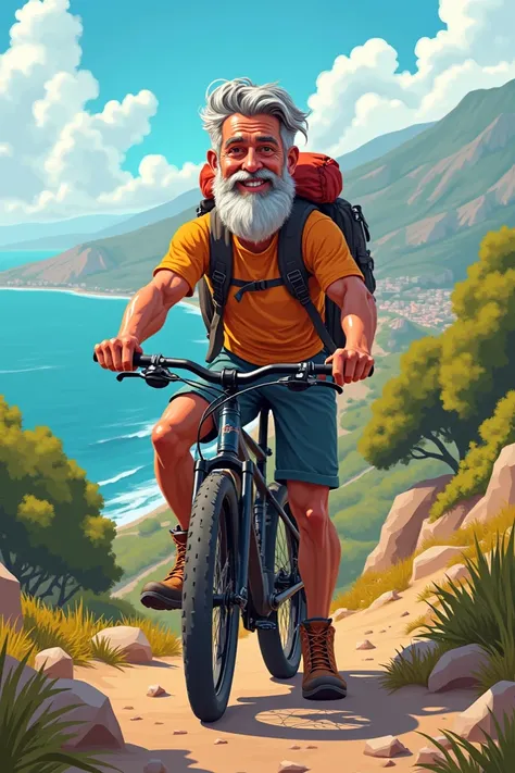 Image cartoon homme méditerranéen qui porte un bouc, aimant le vtt et les voyages 