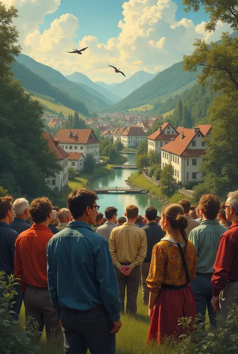  A picture in the background should be a landscape with a few houses in addition should the theme of tradition in Germany , that include the future and acceptance  