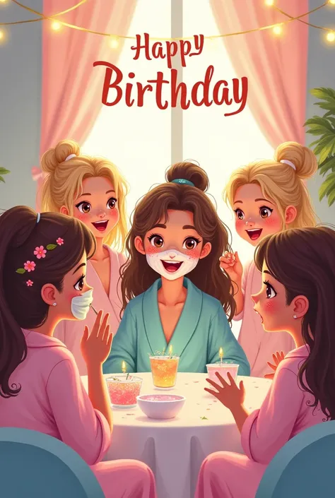 Dessin animé plusieurs Petites filles dix ans blondes et brunes seance beauté entre copines pailettes bandeau SPA banderole joyeux anniversaire