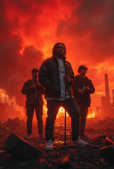 an image that looks like Armageddon ,  with rappers looking at it and a microphone in their hand, Its the end of the world 