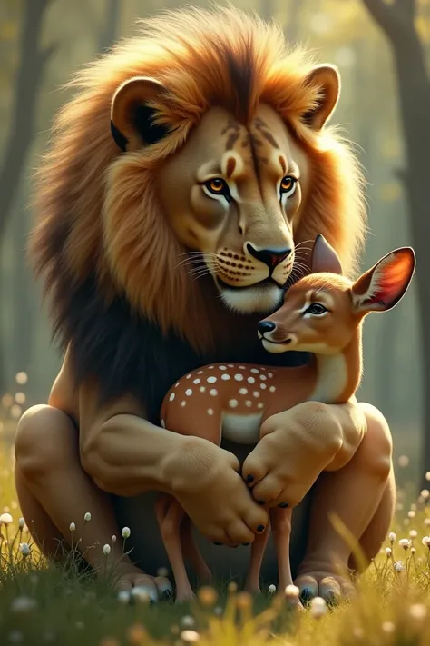 A lion holding and caressing a deer