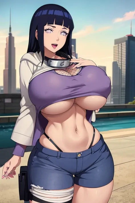 Hinata hyuga ,(best quality), (masterpiece), 1 girl, early 20s, huge heavy breasts, busty, massive breasts, thick, thick lips, wide hips, thin waist, on a stick,puple grew bikini, jean shorts, underboob, in the city,white eyes,dark purple hair,stretch legs...