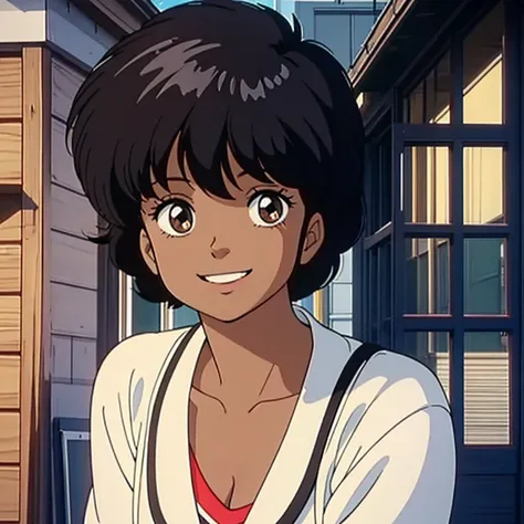  High Quality ,   Masterpiece , black hair,  brown skin,  shortcut ,  1 girl,  smile, smile, 80&#39;s anime vibe, style of Macro,   Im studying 80s anime style,   80s anime art style  , Macro, 1980s anime style, 

