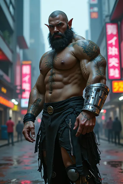 a muscular orc, cyberpunk style, standing on futuristic city street, neon lights, detailed facial features, intricate tattoos, metallic prosthetic arm, torn clothes, gritty urban environment, (best quality,8k,highres,masterpiece:1.2),ultra-detailed,realist...