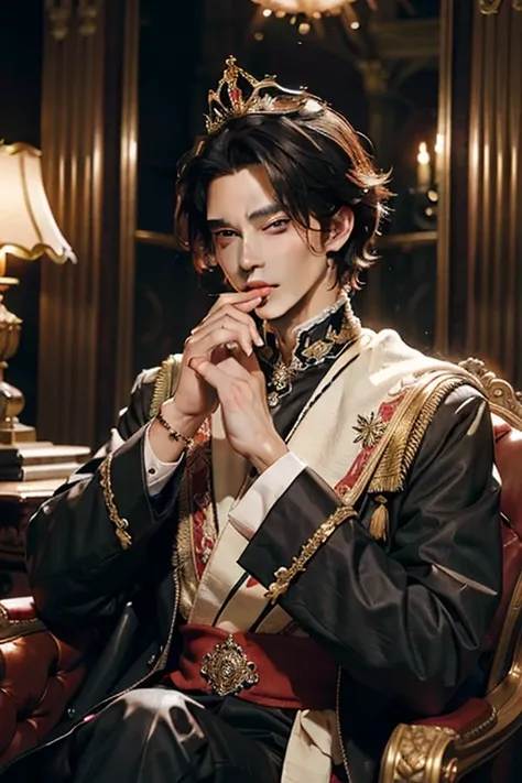 The red eyes His hair is pitch black, his hair is short, he looks handsome, has a high nose, narrow eyes, white skin, and is sitting in the palace holding a crown.