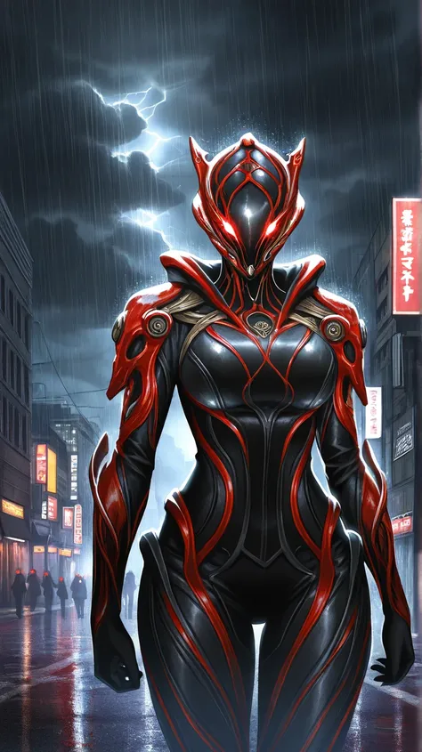 1 japanese girl, WARFRAME, intricate pattern, heavy metal, energy lines, faceless, glowing eyes, elegant, intense, blood red and black uniform, solo, modern, city, streets, dark clouds, thunderstorm, heavy rain,, dramatic lighting,, (masterpiece:1.2), best...