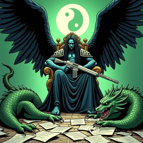 Angel of Death Seated on a Throne with Black Right Wing and White Left Wing
He is holding a FAMAS in his right hand
Yin and yang symbol on a green background
A green dragon in the foreground
Huge pile of paper on the ground
Cartoon 
Comic
